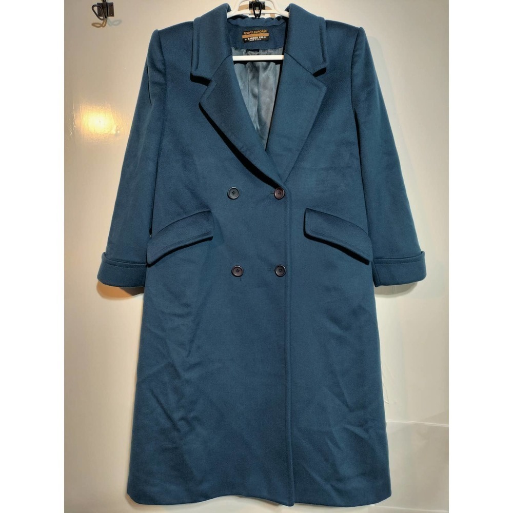 London Fog Navy Blue Long Trench Coat 100% Wool Vintage 14 Petite Made in USA